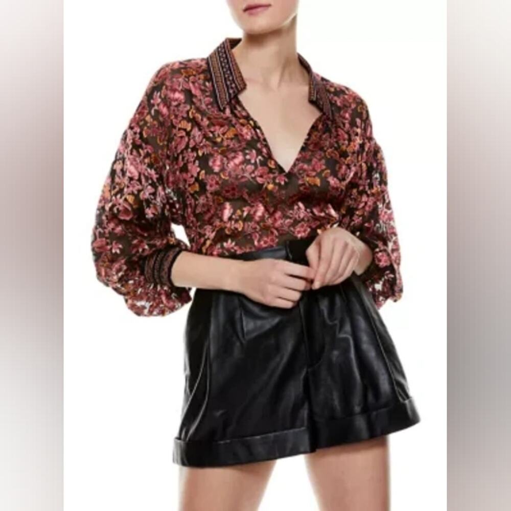 Alice + Olivia Desiree Orange Floral Print silk blend blouse size medium
